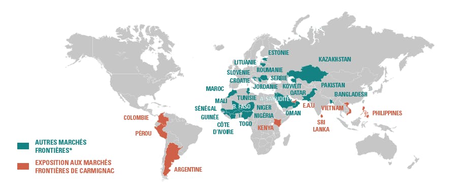 Carte du Monde répertoriant les principaux marchés frontières