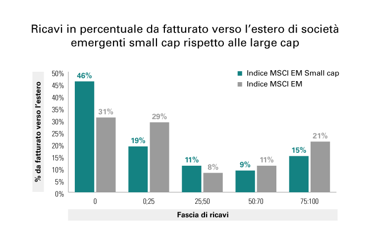 Ricavi in percentuale da fatturato verso l'estero di società emergenti small cap rispetto alle large cap