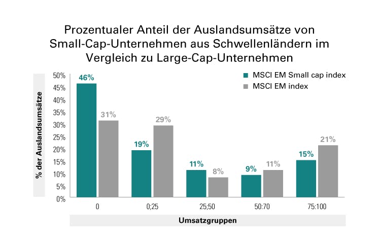 Prozentualer Anteil der Auslandsumsätze von Small-Cap-Unternehmen aus Schwellenländern im Vergleich zu Large-Cap-Unternehmen